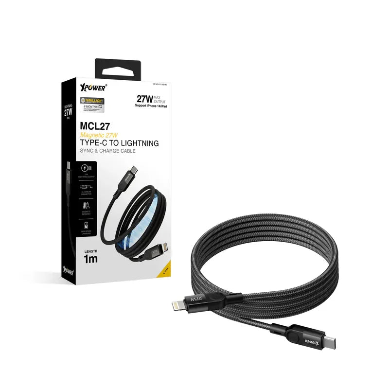 Xpower 27W Type-C To Lightning Magnetic 1m Cable - Black - Tashqila Xpower 27W Type-C To Lightning Magnetic 1m Cable - Black - Tashqila